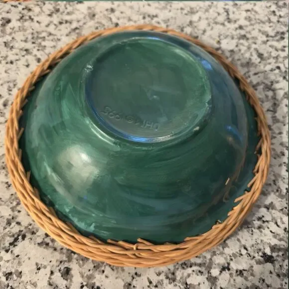 Glazed Forest Green Ceramic Bowl with Woven Wicker Rim with Maker’s Mark - Picture 3 of 4